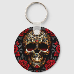 Día de los Muertos-schedel met rode rozen Sleutelhanger
