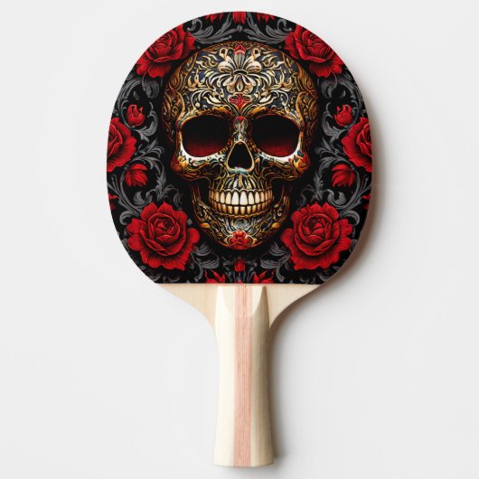 Dia de los Muertos Schedel met Rode Rozen Tafeltennisbatje (Voorkant)