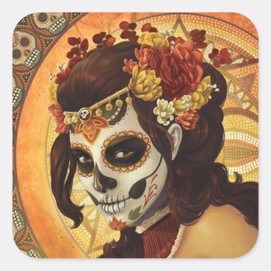 Dia De Los Muertos Sierkussen Vierkante Sticker (Voorkant)