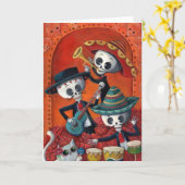 Dia DE Los Muertos Skeleton Mariachi Trio Kaart (Gele Bloem)