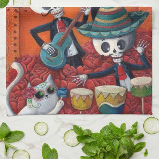 Dia de Los Muertos Skeleton Mariachi Trio Theedoek (Gevouwen)