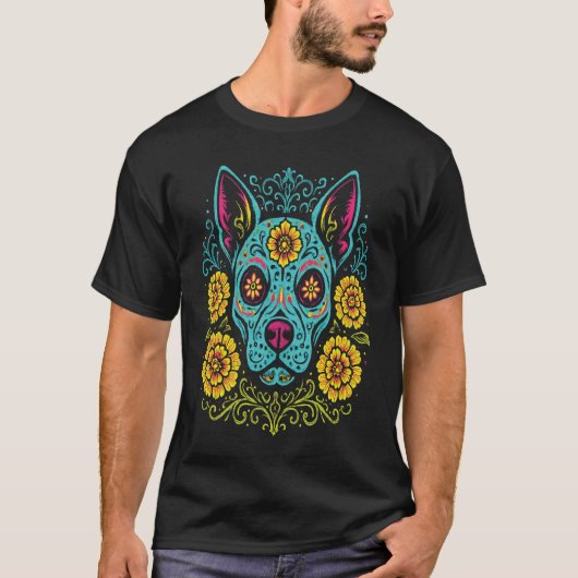 Dia de los Muertos Skeleton Sugar Skull Dog  T-shirt (Voorkant)