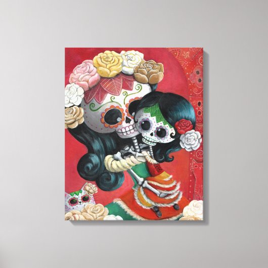 Dia de Los Muertos Skeletons Moeder en Dochter Canvas Afdruk (Voorkant)
