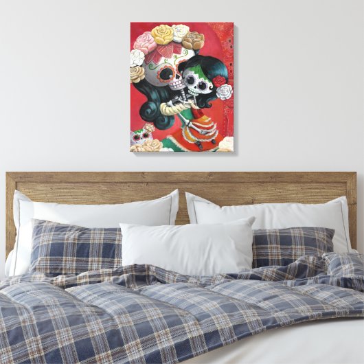 Dia de Los Muertos Skeletons Moeder en Dochter Canvas Afdruk (Insitu (Slaapkamer))
