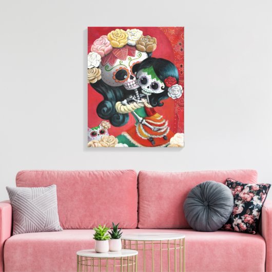 Dia de Los Muertos Skeletons Moeder en Dochter Canvas Afdruk (Insitu (Woonkamer))