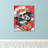 Dia de Los Muertos Skeletons Moeder en Dochter Canvas Afdruk (Insitu (Houten vloer))