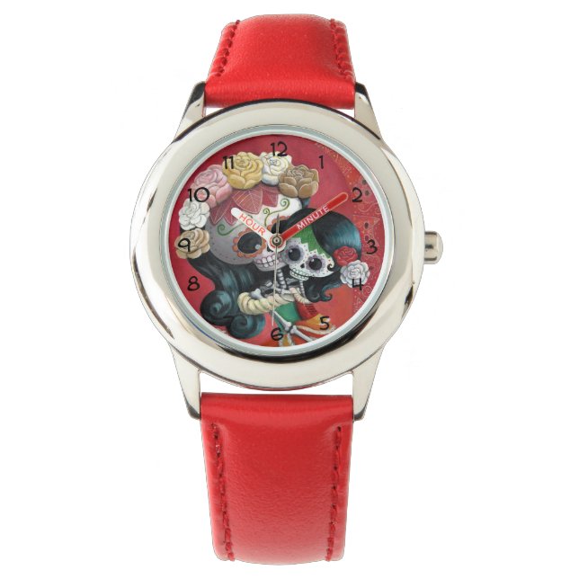 Dia de Los Muertos Skeletons Moeder en Dochter Horloge (Voorkant)