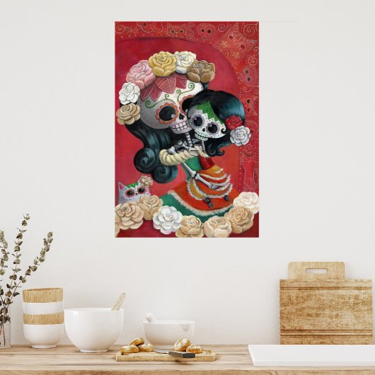 Dia de Los Muertos Skeletons Moeder en Dochter Poster (Keuken)