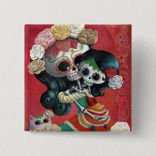 Dia de Los Muertos Skeletons Moeder en Dochter Vierkante Button 5,1 Cm