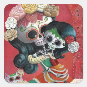 Dia de Los Muertos Skeletons Moeder en Dochter Vierkante Sticker