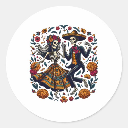 Dia de los Muertos Skeletten Dansen Mexicaanse Dag Ronde Sticker (Voorkant)
