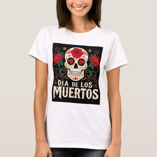 Dia de los muertos skull en bloemen t-shirt (Voorkant)