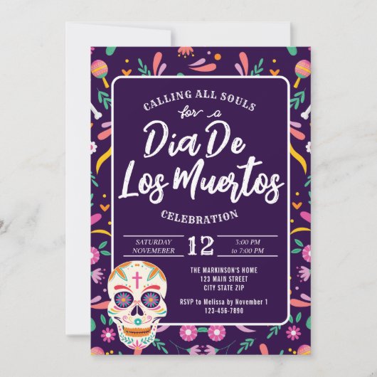 Dia de los Muertos Skull Mexicaanse Fiesta Uitnodi Kaart (Voorkant)