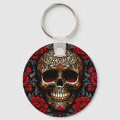 Dia de los Muertos Skull with Red Roses Sleutelhanger (Voorkant)