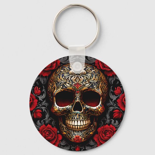 Dia de los Muertos Skull with Red Roses Sleutelhanger (Voorkant)