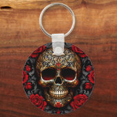 Dia de los Muertos Skull with Red Roses Sleutelhanger (Achterkant)