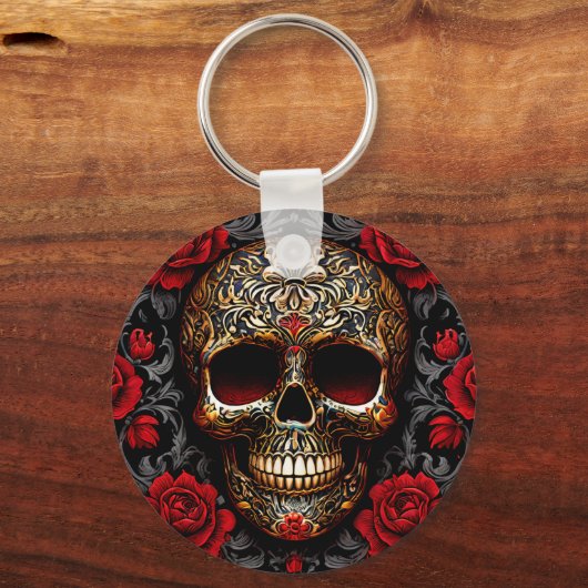 Dia de los Muertos Skull with Red Roses Sleutelhanger (Voorkant)