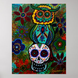 dia de los muertos skulls owl poster