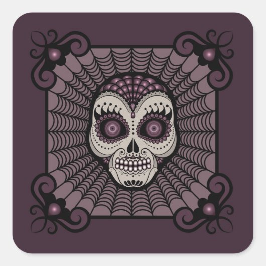 Dia de los Muertos spinnenwebschedel Vierkante Sticker (Voorkant)