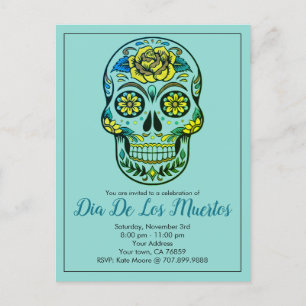 Dia de los Muertos Sugar Skull en Flowers on Blue Uitnodiging Briefkaart