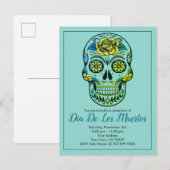 Dia de los Muertos Sugar Skull en Flowers on Blue Uitnodiging Briefkaart (Voorkant / Achterkant)
