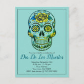 Dia de los Muertos Sugar Skull en Flowers on Blue Uitnodiging Briefkaart (Voorkant)