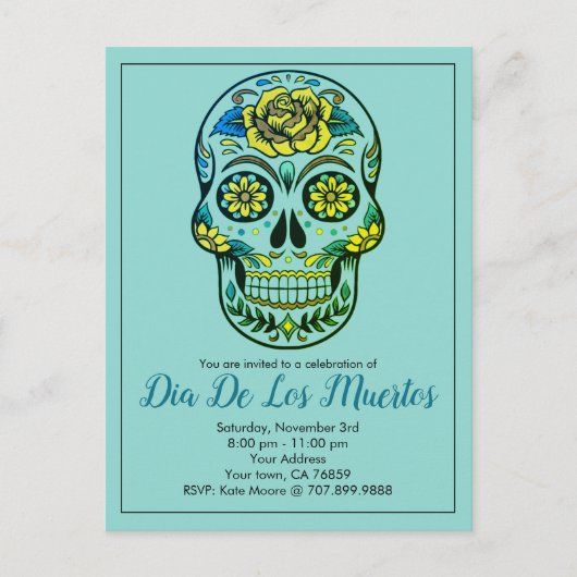 Dia de los Muertos Sugar Skull en Flowers on Blue Uitnodiging Briefkaart (Voorkant)