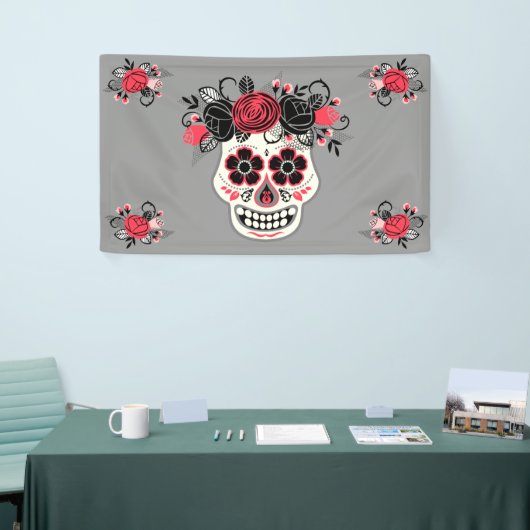 Dia de los Muertos Sugar Skull, grijs Spandoek (Beurs)