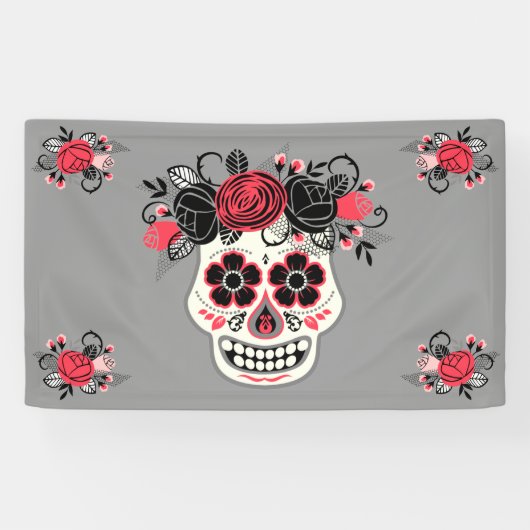 Dia de los Muertos Sugar Skull, grijs Spandoek (Horizontaal)