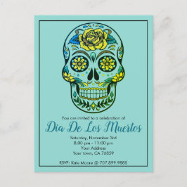 Dia de los Muertos Sugar Skull met bloemen blauw Uitnodiging Briefkaart