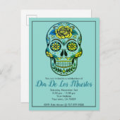 Dia de los Muertos Sugar Skull met bloemen blauw Uitnodiging Briefkaart (Voorkant / Achterkant)