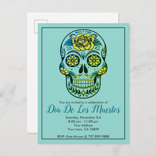 Dia de los Muertos Sugar Skull met bloemen blauw Uitnodiging Briefkaart (Voorkant / Achterkant)