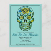 Dia de los Muertos Sugar Skull met bloemen blauw Uitnodiging Briefkaart (Voorkant)