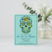 Dia de los Muertos Sugar Skull met bloemen blauw Uitnodiging Briefkaart (Staand voorkant)