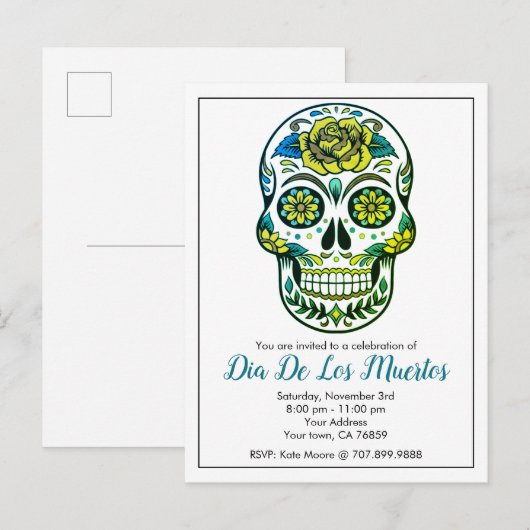 Dia de los Muertos Sugar Skull met bloemen Uitnodiging Briefkaart (Voorkant / Achterkant)