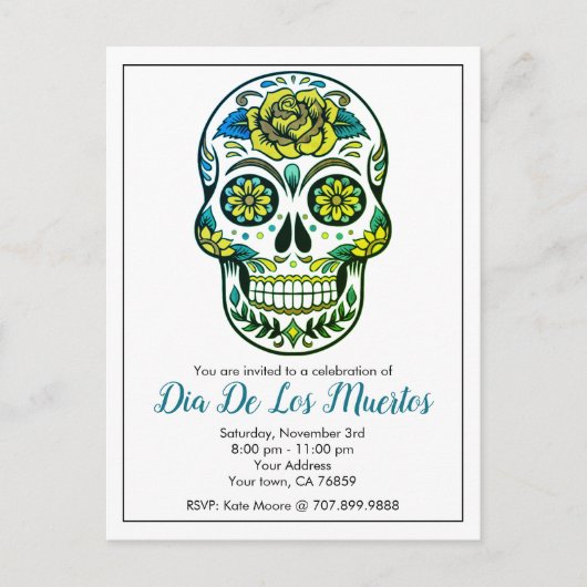 Dia de los Muertos Sugar Skull met bloemen Uitnodiging Briefkaart (Voorkant)
