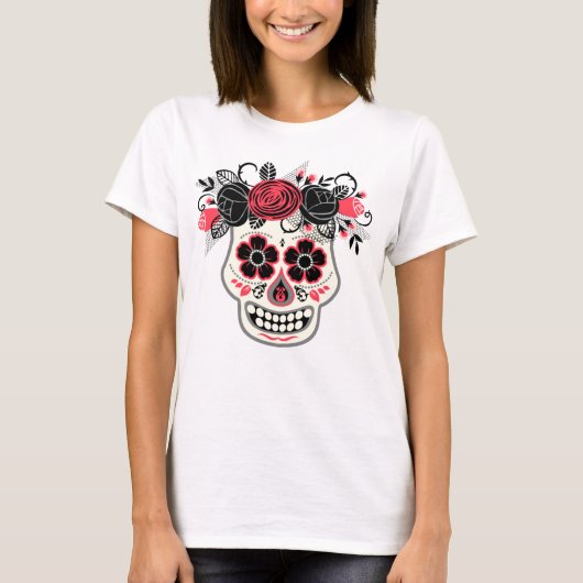 Dia de los Muertos Sugar Skull met zwarte Rozen T-shirt (Voorkant)