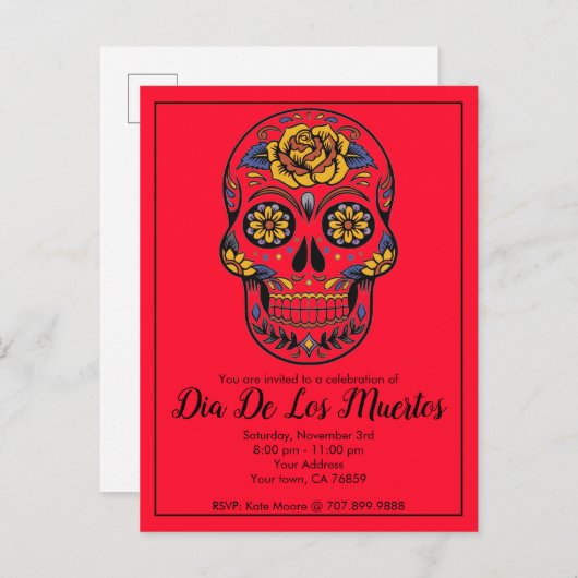 Dia De Los Muertos Sugar Skull Red Uitnodiging Briefkaart (Voorkant / Achterkant)
