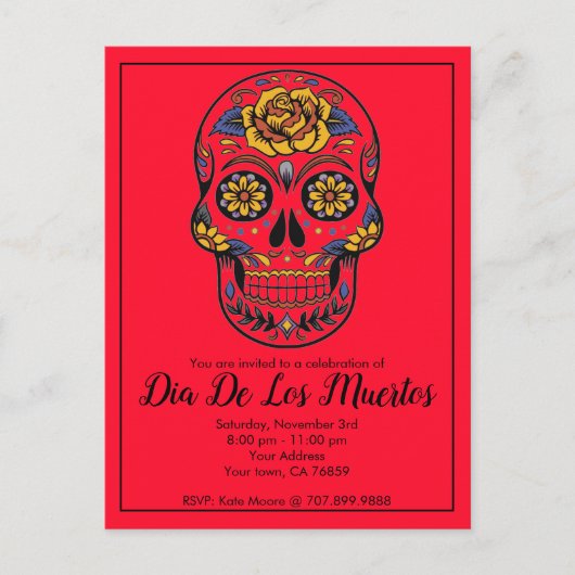Dia De Los Muertos Sugar Skull Red Uitnodiging Briefkaart (Voorkant)