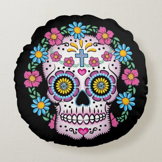 Dia de los Muertos Sugar Skull Rond Kussen (Voorkant)