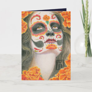Día de los Muertos-suiker schedel met Afrikaantjes Feestdagen Kaart