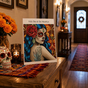 Día de los Muertos Suiker Schedel Vrouw Rode Roos Feestdagenkaart