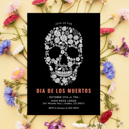 Dia de los Muertos Suiker Schedel Zwart Bloemmotie Kaart