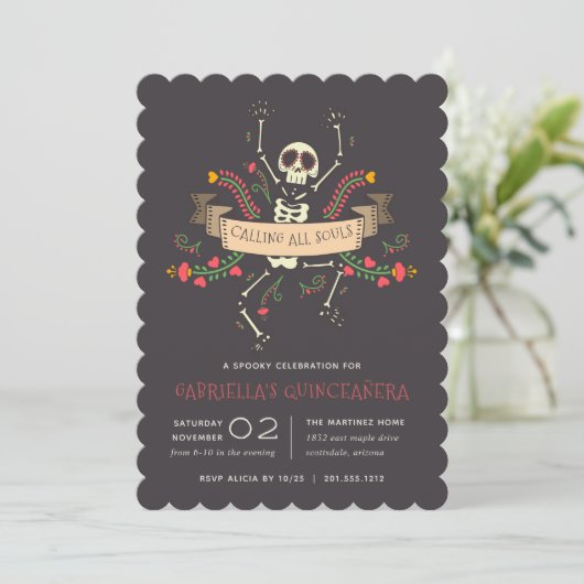 Día de los Muertos Theme Quinceanera Kaart (Staand voorkant)