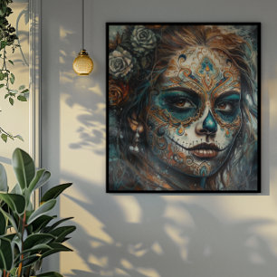 Dia de los Muertos turquoise beschilderd gezicht Canvas Afdruk