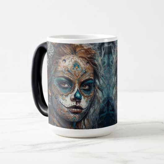 Dia de los Muertos turquoise beschilderd gezicht Magische Mok (Voorkant links)