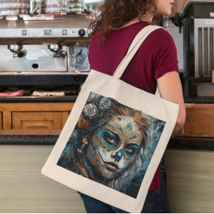 Dia de los Muertos turquoise beschilderd gezicht Tote Bag