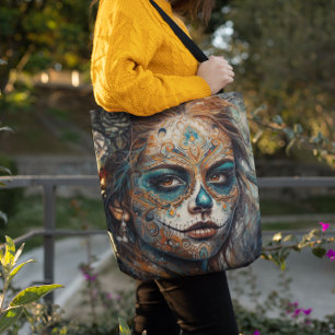 Dia de los Muertos turquoise beschilderd gezicht Tote Bag