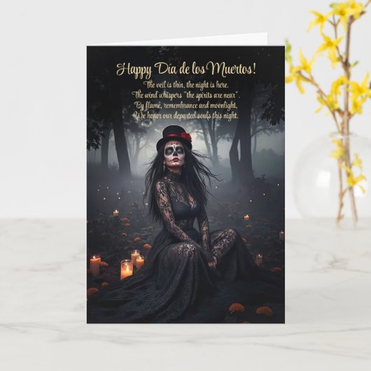 Dia de los Muertos  vrouw Sugar Skull Kaart (Gele Bloem)