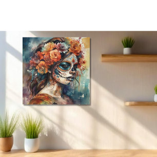 Dia de los Muertos waterverf beschilderd gezicht Canvas Afdruk